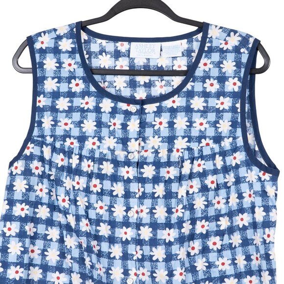 Ashley Taylor VTG House Dress XL Women Blue White Floral Checked Sleeveless Snap - Picture 2 of 6